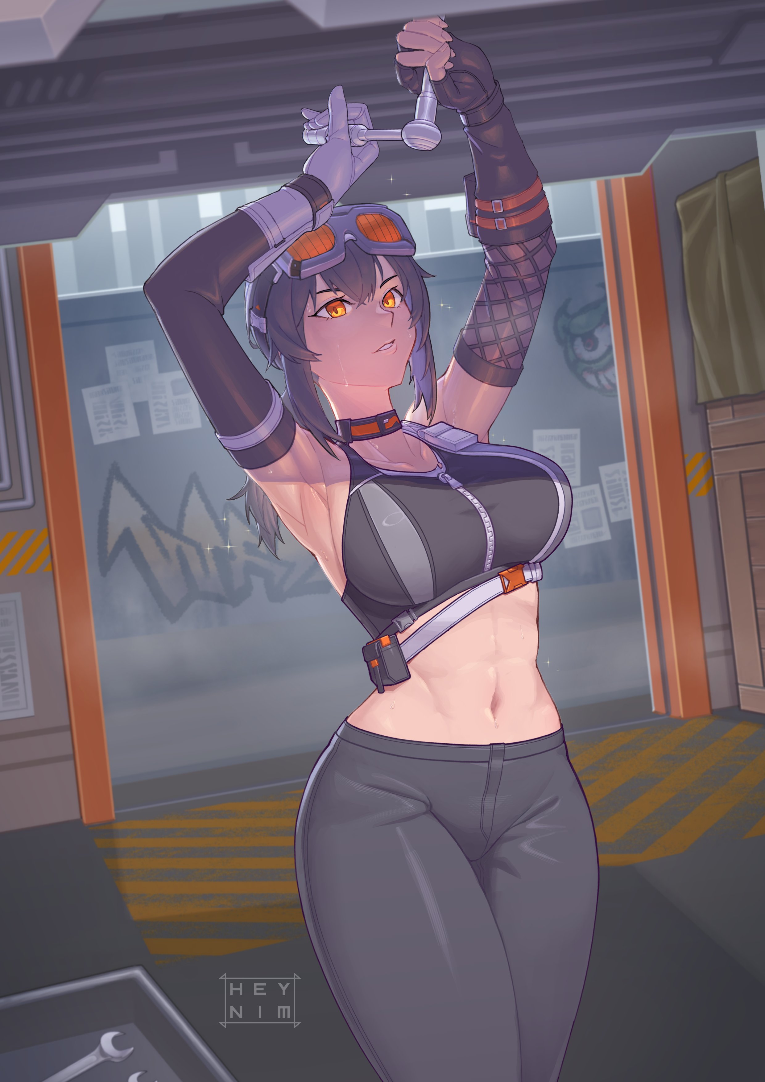 1girl absurdres arm_pouch armpits arms_up artist_name asymmetrical_gloves belt black_hair black_pants black_sports_bra breasts commentary_request crop_top curvy fingerless_gloves fishnet_gloves fishnets gloves goggles goggles_on_head grace_howard graffiti grey_belt heynim highres large_breasts mechanic mismatched_gloves navel orange_eyes pants sidelocks single_fingerless_glove socket_wrench sports_bra sweat toned toned_female wrench zenless_zone_zero zipper zipper_pull_tab zipper_top