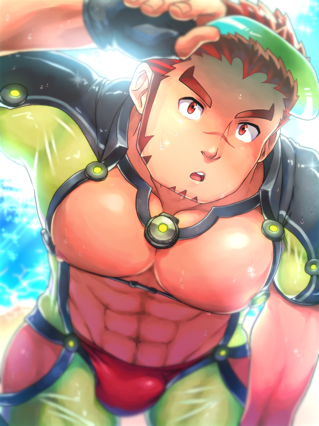 1boy :o abs akashi_(live_a_hero) akashi_(water_bullet)_(live_a_hero) bara bare_pectorals beach black_gloves bulge day facial_hair gloves highres karamaru_(karamari_11) large_pectorals live_a_hero looking_at_viewer male_focus male_swimwear muscular muscular_male navel nipples official_alternate_costume open_mouth outdoors pectorals red_eyes red_hair red_male_swimwear scar scar_on_face scar_on_nose solo summer swim_briefs visor_cap