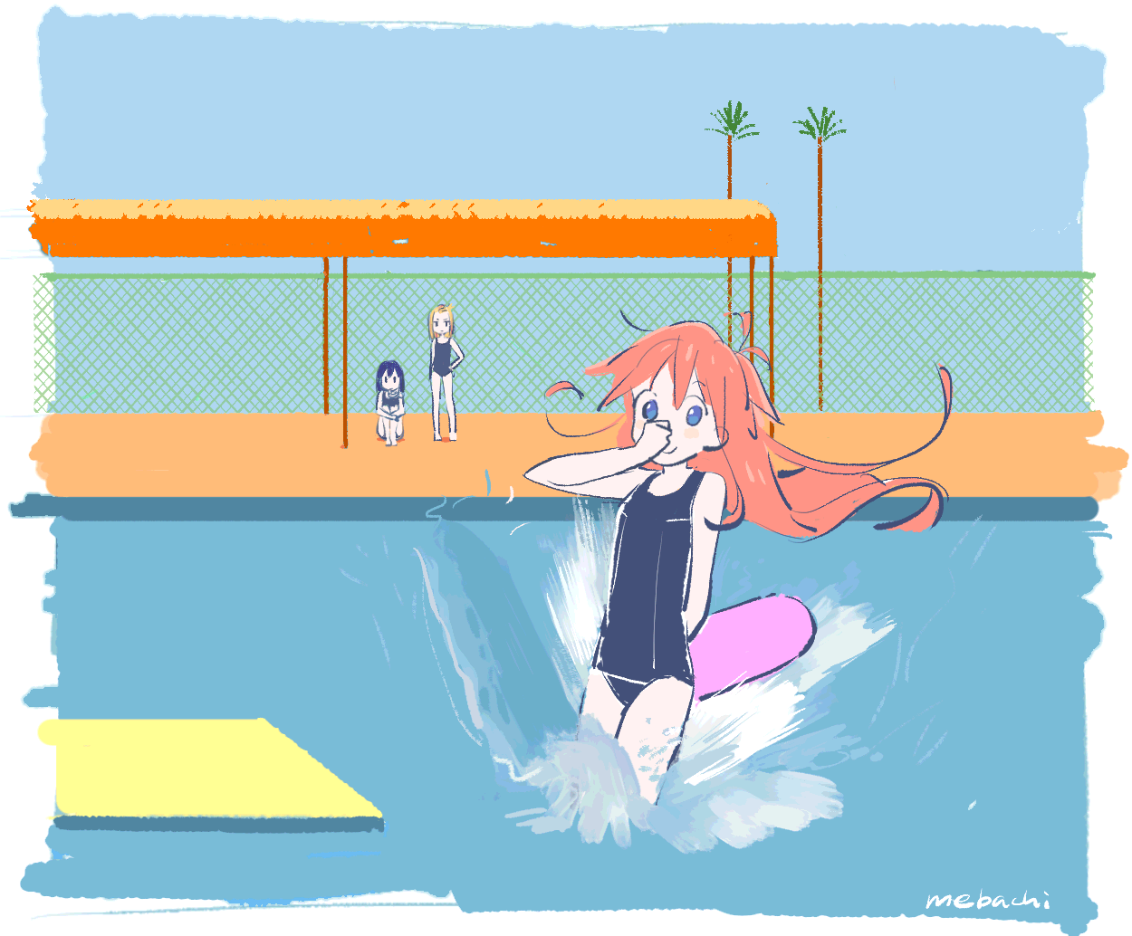 3girls a_bigger_splash ahoge antenna_hair arm_behind_back artist_name barefoot blonde_hair blue_eyes blue_hair blush_stickers chain-link_fence fence fine_art_parody flat_color flip_flappers full_body grid hand_on_own_hip holding_nose jitome kickboard kokomine_cocona hugging_own_legs long_hair looking_at_another looking_at_viewer mebachi multicolored_hair multiple_girls old_school_swimsuit one-piece_swimsuit orange_hair outdoors palm_tree papika_(flip_flappers) parody partially_submerged pool school_swimsuit short_hair signature sitting smile splashing standing streaked_hair swimsuit tareme tree water yayaka |_|