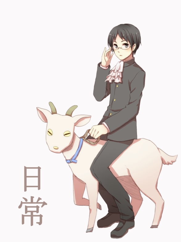 1boy adjusting_eyewear amu_(m_aa) ascot black_eyes black_hair black_jacket black_pants black_shoes commentary_request copyright_name full_body gakuran glasses goat jacket long_sleeves male_focus nichijou pants riding riding_animal sasahara_koujirou school_uniform shoes short_hair simple_background solo white_ascot white_background