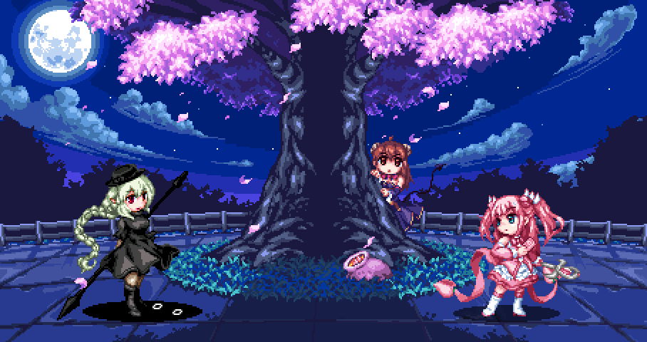 3girls aged_down arms_behind_back behind_tree black_dress black_headwear blue_eyes blue_sky boots bow bowtie braid brown_eyes brown_hair card cherry_blossoms chibi chiyoda_momo cloud cloudy_sky commentary_request curled_horns demon_girl demon_horns demon_tail detached_sleeves different_shadow dress fighting_stance forest full_moon green_hair hat hiding holding holding_card holding_polearm holding_spear holding_wand holding_weapon horns living_shadow long_hair long_sleeves looking_at_another machikado_mazoku magical_girl moon multicolored_dress multiple_girls n88_colpla nature nayuta_suika night night_sky petals pink_bow pink_dress pink_hair pink_ribbon pink_sleeves pixel_art polearm purple_dress purple_sleeves red_eyes ribbon shadow single_braid sky spear spoilers tail two-tone_dress very_long_hair wand weapon white_dress white_legwear yoshida_yuuko_(machikado_mazoku)