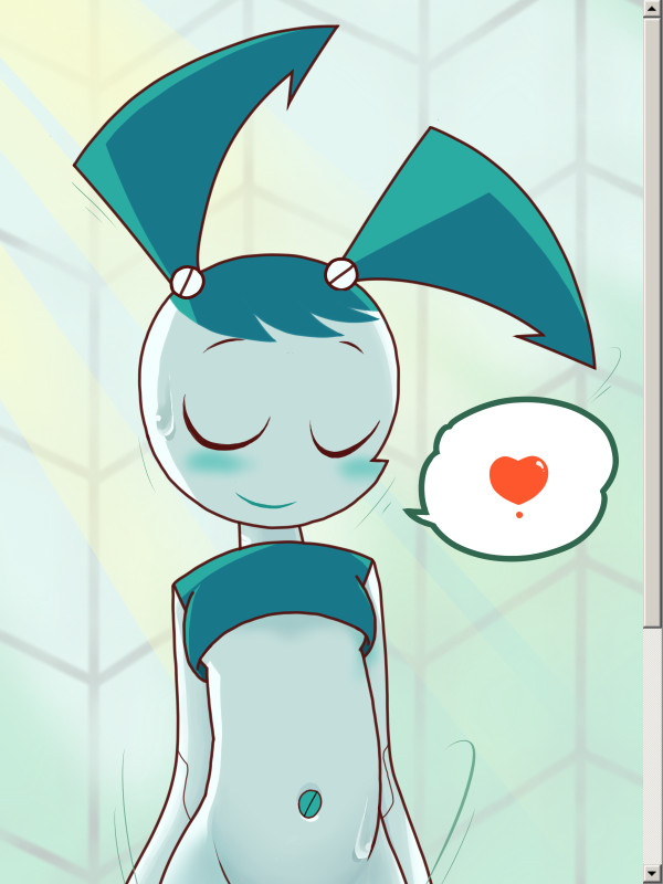 1girl aqua_hair blush bottomless breasts closed_eyes crop_top enpitsu_(pencil) fake_scrollbar female_focus flat_chest groin heart implied_sex jenny_wakeman joints motion_lines my_life_as_a_teenage_robot navel nickelodeon no_nose out-of-frame_censoring robot robot_joints screw small_breasts smile solo spoken_heart sweat sweatdrop twintails upper_body