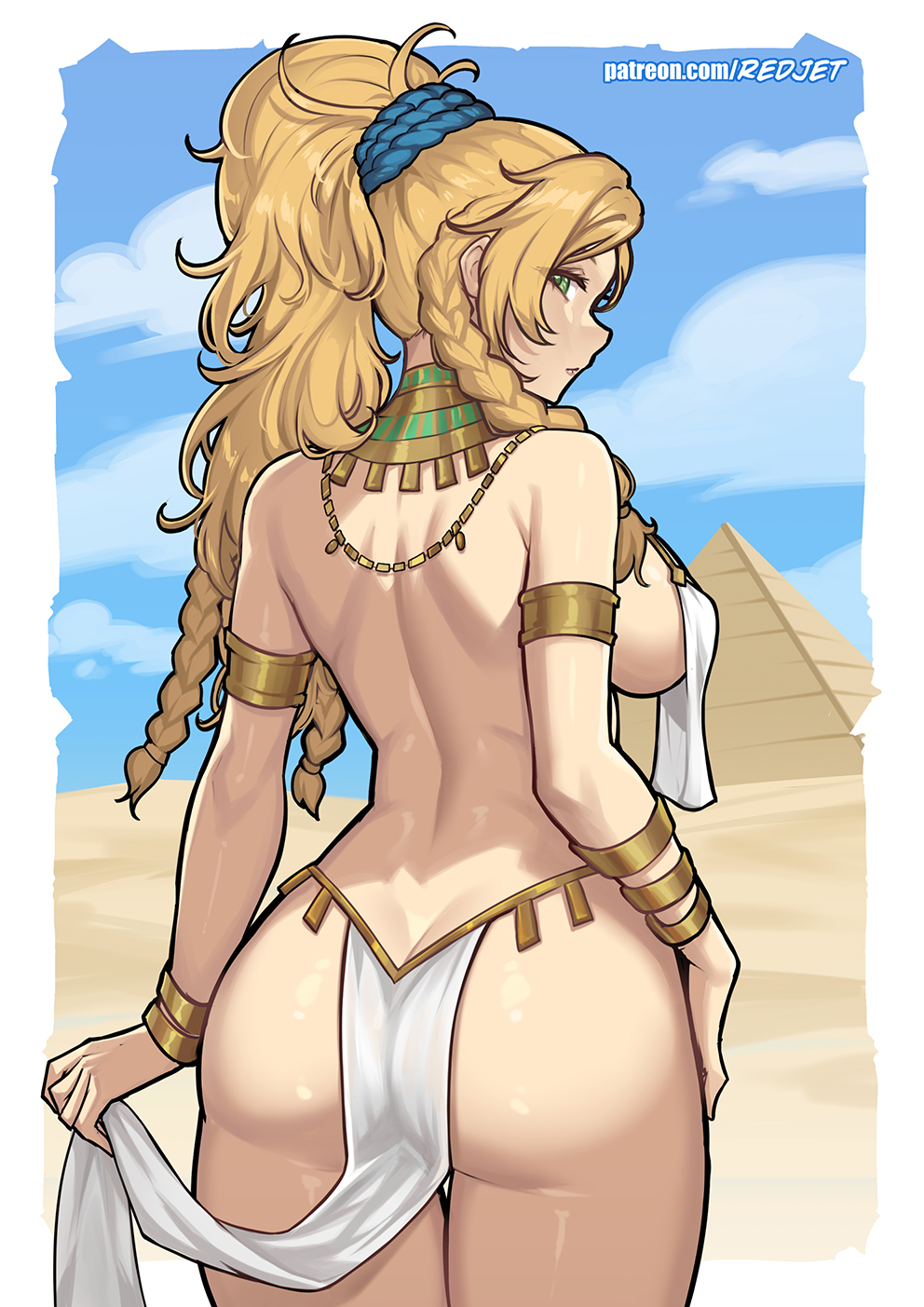 1girl ancient_egyptian_clothes ass back blonde_hair blue_sky bracelet breasts butt_crack from_behind gemma_(monster_hunter_wilds) gold_bracelet green_eyes harem_outfit highres jewelry large_breasts long_hair monster_hunter_(series) monster_hunter_wilds patreon_username pelvic_curtain ponytail pyramid_(structure) redjet sideboob sky solo