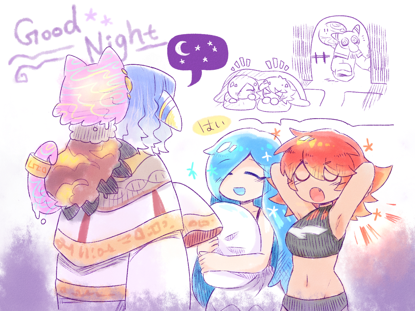>_< 1boy 2girls alternate_costume animal_ears armpits arms_behind_head bare_arms bare_shoulders beco_(100me) black_pants black_shirt blue_hair blue_tongue blush_stickers closers collarbone colored_tongue commentary_request creature creature_and_personification creature_on_shoulder crescent_moon crop_top dark-skinned_female dark_skin doorway dress english_text eye_print fang flamberge_(kirby) francisca_(kirby) from_behind futon gradient_hair hair_over_one_eye halter_shirt halterneck holding holding_pillow humanization hyness kirby_(series) long_hair long_sleeves lying medium_hair moon multicolored_hair multiple_girls navel nightgown nintendo no_mouth notice_lines on_shoulder on_stomach open_mouth outstretched_hand pants personification pillow red_hair robe shirt sleeveless sleeveless_dress sleeveless_shirt sleeves_past_fingers sleeves_past_wrists smile spaghetti_strap sparkle spoken_object star_(symbol) stomach under_covers very_long_hair void_termina void_termina_(final_core) white_hair white_nightgown white_robe