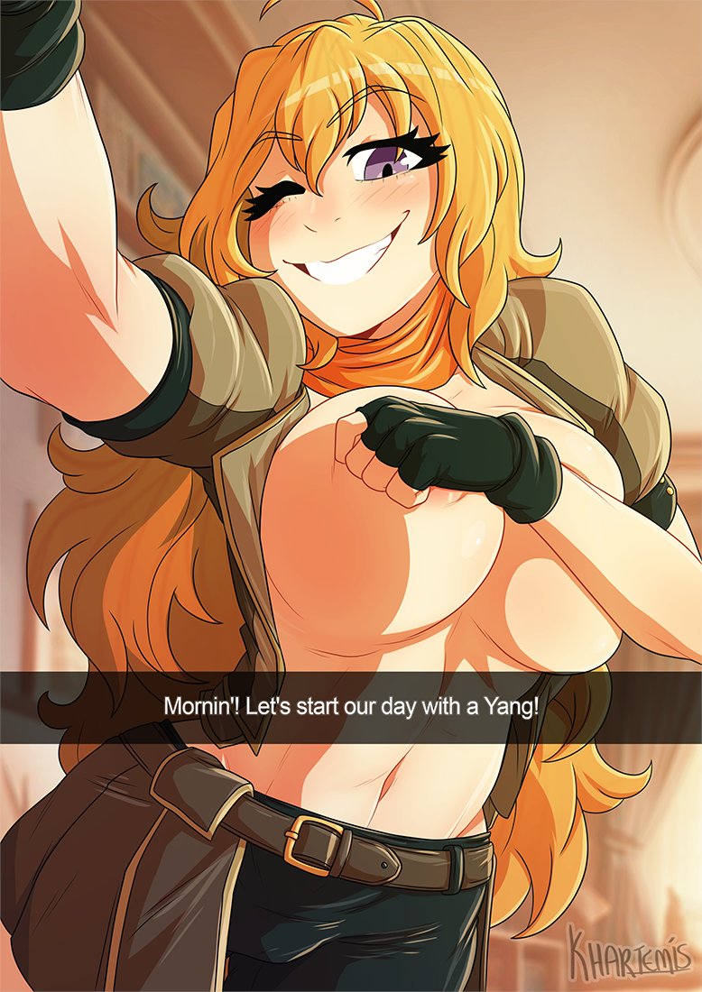 1girl ahoge areola_slip black_gloves blonde_hair breasts covering_breasts covering_privates english_text fingerless_gloves gloves khartemis large_breasts long_hair looking_at_viewer one_eye_closed purple_eyes rwby selfie smile solo very_long_hair yang_xiao_long