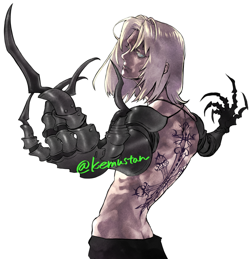 1boy armor back_tattoo blonde_hair blue_eyes claws commentary_request gauntlets looking_at_viewer male_focus outstretched_arms shoulder_armor simple_background solo sonomoto_shinzou_(natsume_kyouji) spread_arms sydney_losstarot tattoo topless_male vagrant_story white_background