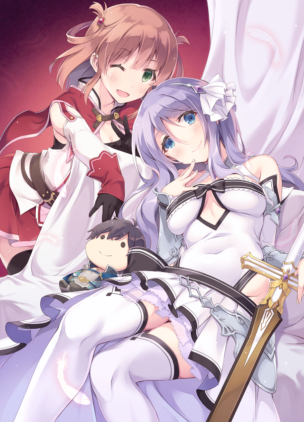 2girls breasts capelet cross-laced_clothes cross-laced_top dress green_eyes hair_rings hairband itoichi. long_hair looking_at_viewer multiple_girls orange_hair princess_connect! purple_hair red_capelet red_skirt rino_(princess_connect!) shizuru_(princess_connect!) siblings sisters skirt stuffed_toy sword thighhighs v weapon white_dress white_hairband yuuki_(princess_connect!)