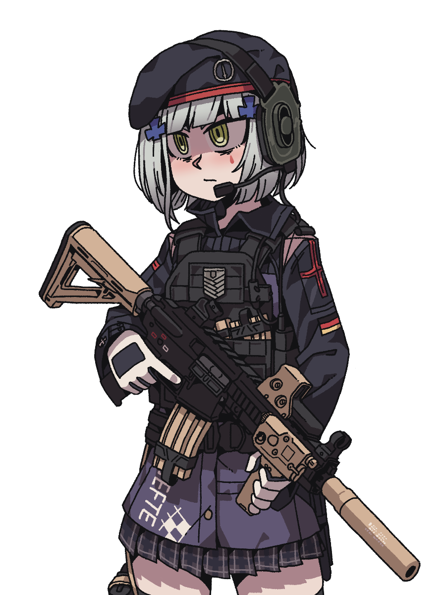 1girl acog alternate_hair_length alternate_hairstyle assault_rifle beret bulletproof_vest eotech german_flag girls&#039;_frontline griffin_&amp;_kryuger_logo gun h&amp;k_hk416 hat highres hk416_(girls&#039;_frontline) holding holding_gun holding_weapon karepack laser_sight magazine_(weapon) military_operator pleated_skirt rifle short_hair skirt solo suppressor tattoo teardrop teardrop_facial_mark teardrop_tattoo trigger_discipline vertical_foregrip weapon white_background
