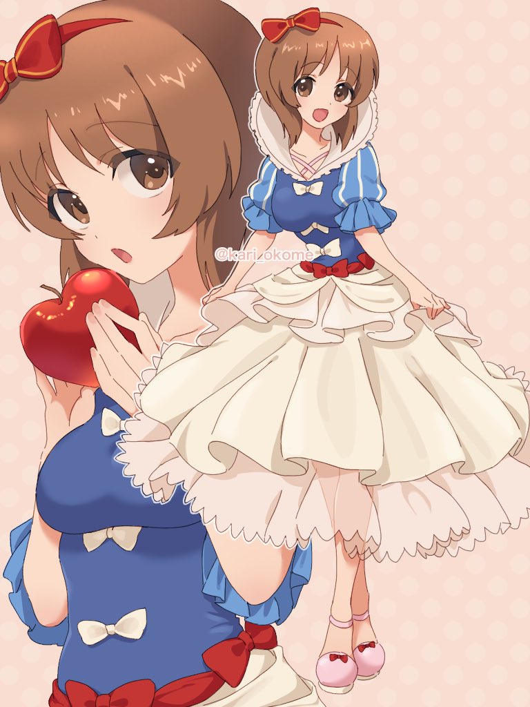 1girl apple artist_name blue_shirt bow brown_background brown_eyes brown_hair commentary cosplay crossed_ankles curtsey food frilled_sleeves frills fruit girls_und_panzer girls_und_panzer_senshadou_daisakusen! hair_bow holding holding_food holding_fruit kari_okome layered_skirt looking_at_viewer medium_skirt multiple_views nishizumi_miho open_mouth outline petticoat pink_shoes polka_dot polka_dot_background puffy_short_sleeves puffy_sleeves red_bow revision shirt shoes short_hair short_sleeves signature skirt skirt_hold smile snow_white_(disney) snow_white_(disney)_(cosplay) snow_white_and_the_seven_dwarfs standing twitter_username white_outline white_skirt