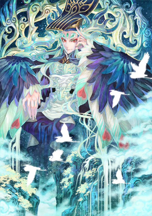 1boy aqua_hair aqua_theme azuma_toh bird bishounen blue_feathers blue_hair chinese_clothes closed_mouth clothing_request eyeliner eyeshadow fate/grand_order fate_(series) feathers floating_hair forehead_jewel game_cg green_eyeliner hair_tie hand_on_own_face hands_up hat headwear_request long_hair looking_at_viewer makeup male_focus multicolored_hair official_art red_eyes red_eyeshadow shi_huang_di_(fate) shi_huang_di_(third_ascension)_(fate) smile solo third-party_source water waterfall white_hair winged_arms wings