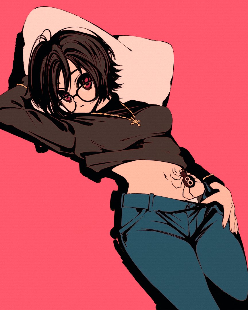 1girl arm_behind_head black-framed_eyewear black_hair black_shirt blue_pants breasts closed_mouth commentary cross cross_necklace denim english_commentary glasses gold_necklace head_on_pillow hunter_x_hunter jeans jewelry long_sleeves looking_at_viewer lying medium_breasts midriff moshimoshibe navel necklace on_back pants pillow pink_background red_eyes shirt shizuku_murasaki short_hair simple_background solo spider_tattoo tattoo