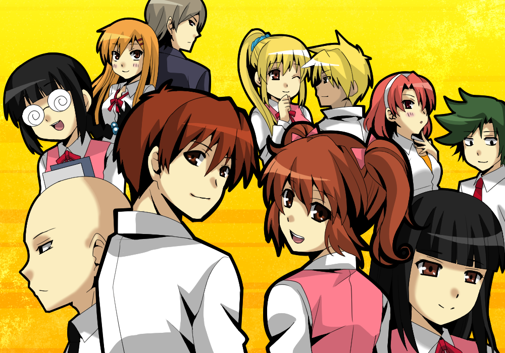5boys 6+girls aki_(misao) akito_(misao) ayaka_(misao) bald black_eyes black_hair blonde_hair blunt_bangs blush bow bowtie brown_eyes brown_hair collared_shirt dark_skin everyone formal_clothes glasses green_hair hair_bow hair_ornament hairband hairclip headband hideki_sohta kudoh_(misao) library_(misao) light_smile long_hair looking_at_viewer looking_back matsudora124 matsuyamadora misao misao_(misao) multiple_boys multiple_girls necktie one_eye_closed onigawara_(misao) open_mouth orange_eyes orange_hair parted_bangs pink_bow ponytail red_hair red_ribbon ribbon saotome_(misao) school_uniform scrunchie shirt short_hair sidelocks simple_background smile spiked_hair swept_bangs tears tohma_(misao) twintails white_shirt yellow_background yoshino_(misao)