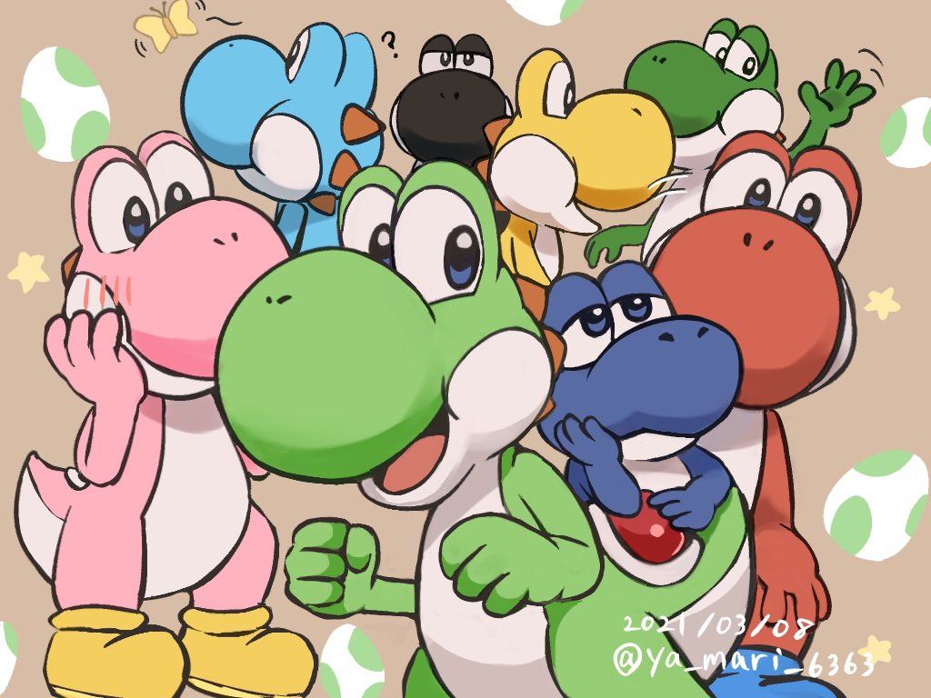 baby_yoshi black_yoshi blue_yoshi blush bug butterfly clenched_hands commentary_request insect light_blue_yoshi mario_(series) nintendo no_humans open_mouth pink_yoshi shell waving ya_mari_6363 yellow_butterfly yellow_yoshi yoshi yoshi_egg