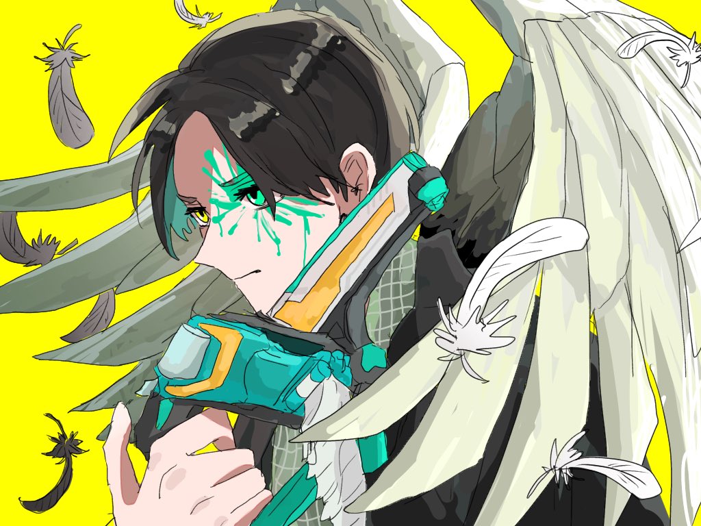 1boy angel_wings aqua_eyes black_feathers black_jacket commentary_request dual_persona feathers igarashi_daiji jacket kaede_1402 kagerou_(kamen_rider_revice) kamen_rider kamen_rider_holy_live kamen_rider_live kamen_rider_revice livegun male_focus shaded_face shirt simple_background splatter spoilers upper_body vistamp white_feathers wing_genome wings yellow_background yellow_eyes