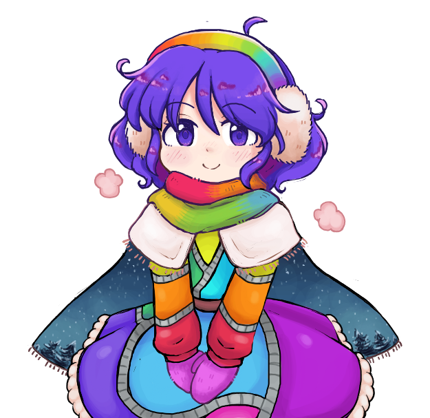 1girl adapted_costume blue_eyes blue_hair blush cape capelet closed_mouth commentary cowboy_shot dress earmuffs english_commentary frilled_dress frills keb00b looking_at_viewer messy_hair mittens multicolored_dress own_hands_together purple_mittens scarf short_hair smile solo tenkyuu_chimata touhou transparent_background white_capelet