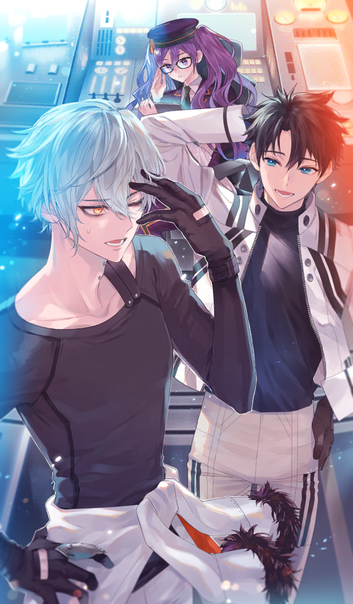 1girl 2boys :o adjusting_eyewear arm_behind_head atlas_academy_uniform black-framed_eyewear black_gloves black_hair black_shirt blue_eyes commentary double-parted_bangs fate/grand_order fate_(series) fujimaru_ritsuka_(male) fujimaru_ritsuka_(male)_(decisive_battle_chaldea_uniform) glasses gloves green_necktie hair_between_eyes hand_on_own_forehead hand_on_own_hip high_collar holding holding_tablet_pc jacket kadoc_zemlupus kasukabe_akira lapels light_particles long_hair long_sleeves lower_teeth_only male_focus multiple_boys necktie notched_lapels novum_chaldea official_art one_eye_closed open_clothes open_jacket open_mouth orange_eyes pants purple_eyes purple_hair purple_jacket shirt short_hair sion_eltnam_(type-moon) sion_eltnam_sokaris sitting small_sweatdrop smile standing tablet_pc teeth third-party_source tied_jacket turtleneck twintails unzipped vehicle_interior white_jacket white_pants white_shirt wing_collar