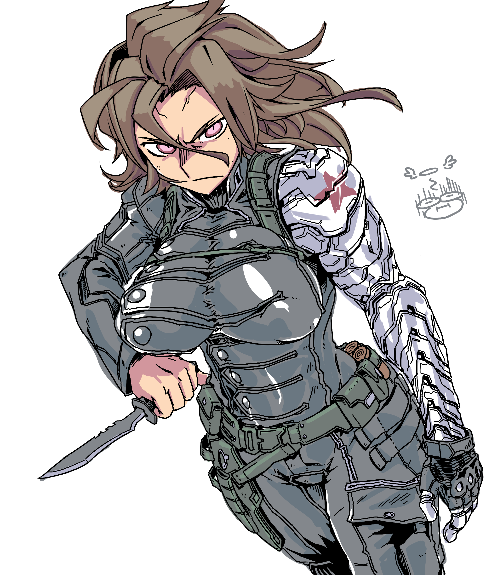 absurdres bodysuit breasts brown_hair bucky_barnes captain_america:_the_winter_soldier captain_america_(series) commentary_request coso-ri cyborg fingerless_gloves genderswap genderswap_(mtf) gloves hair_between_eyes highres holding holding_knife holding_weapon holster knife knife_sheath looking_at_viewer marvel marvel_cinematic_universe mechanical_arms pink_eyes prosthesis prosthetic_arm reverse_grip sheath single_fingerless_glove single_glove single_mechanical_arm weapon white_background winter_soldier