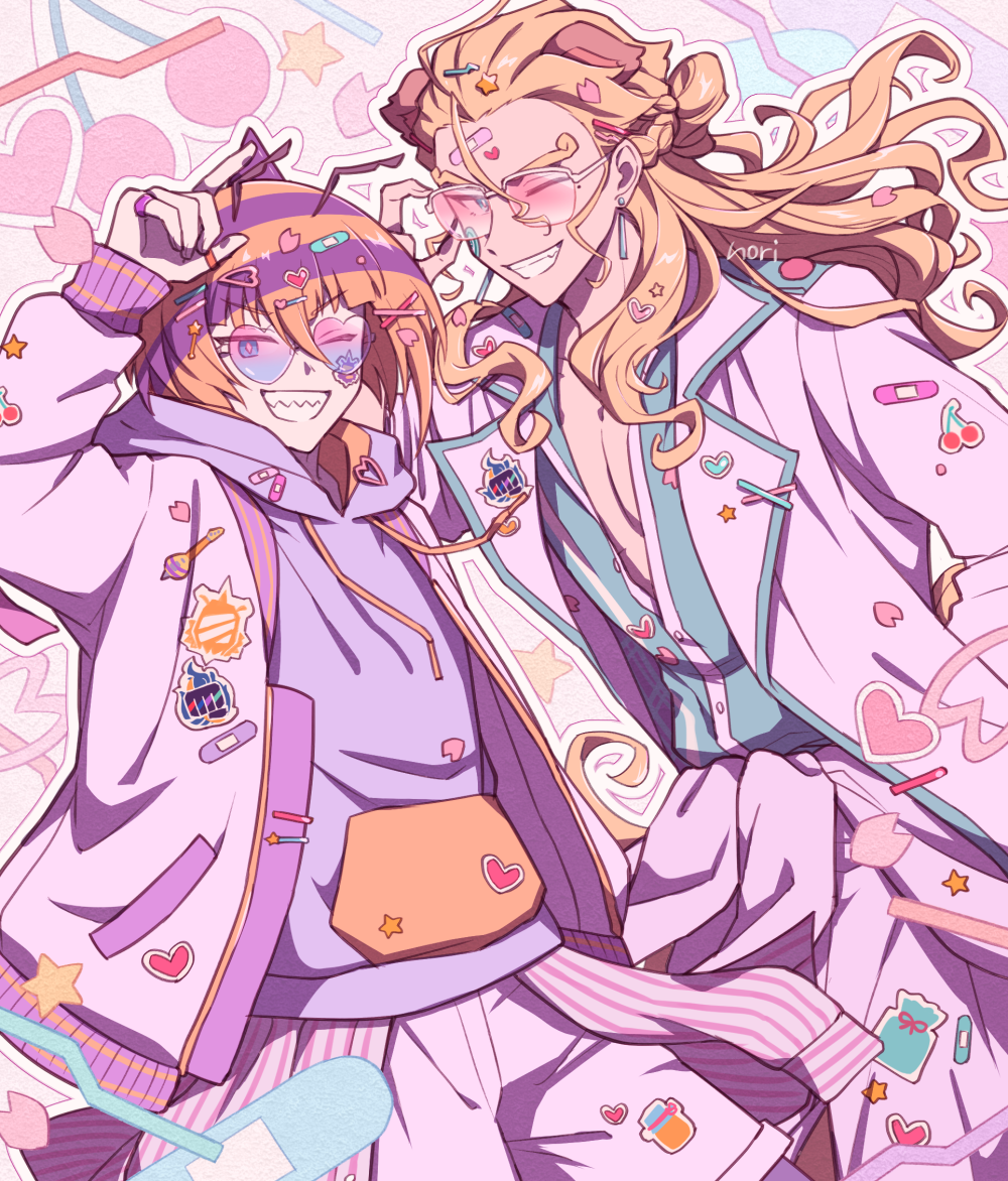 2boys ;d adjusting_eyewear animal_ears antennae artist_name blonde_hair blue_eyes chiyo_nori coat cowboy_shot dog_ears drawstring grin hachin_(show_by_rock!!) hair_ornament hairpin half_updo hand_on_eyewear heart heart-shaped_eyewear heart_sticker hood hood_down hoodie jacket jewelry long_hair looking_at_viewer male_focus mole mole_under_eye multicolored_hair multiple_boys one_eye_closed open_mouth outline pink_coat pink_jacket pocket purple_hoodie ring sharp_teeth short_hair shorts show_by_rock!! signature smile sojun_(show_by_rock!!) sticker_on_clothes sticker_on_face sunglasses teeth too_many_stickers two-tone_hair white_outline white_shorts