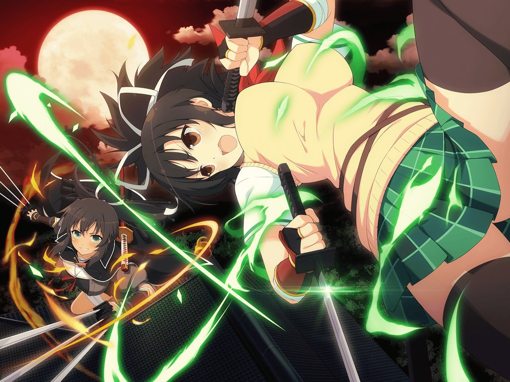 2girls armor asuka_(senran_kagura) bandages belt black_hair black_thighhighs blush breasts brown_eyes cloud commentary dark-skinned_female dark_skin dress dual_wielding energy english_commentary fighting fire forest full_moon green_eyes green_necktie green_skirt hair_ribbon high_ponytail holding holding_sword holding_weapon homura_(senran_kagura) impossible_clothes impossible_sweater japanese_armor katana koshirae kote kurokote large_breasts long_hair midair moon moonlight multiple_girls multiple_swords multiple_wielding nature necktie night night_sky official_art ootachi open_mouth outdoors plaid_clothes plaid_skirt plant ponytail red_moon red_scarf red_sky ribbon scabbard scarf school_uniform senran_kagura senran_kagura_shinovi_versus senran_kagura_shoujo-tachi_no_shin&#039;ei sheath sheathed shirt short_dress short_hair short_ponytail skirt sky smirk sweater sweater_vest sword tan thigh_strap thighhighs tile_roof tree tsuba_(guard) tsuka-ito unsheathed very_long_hair vest wakizashi weapon white_ribbon white_shirt yaegashi_nan