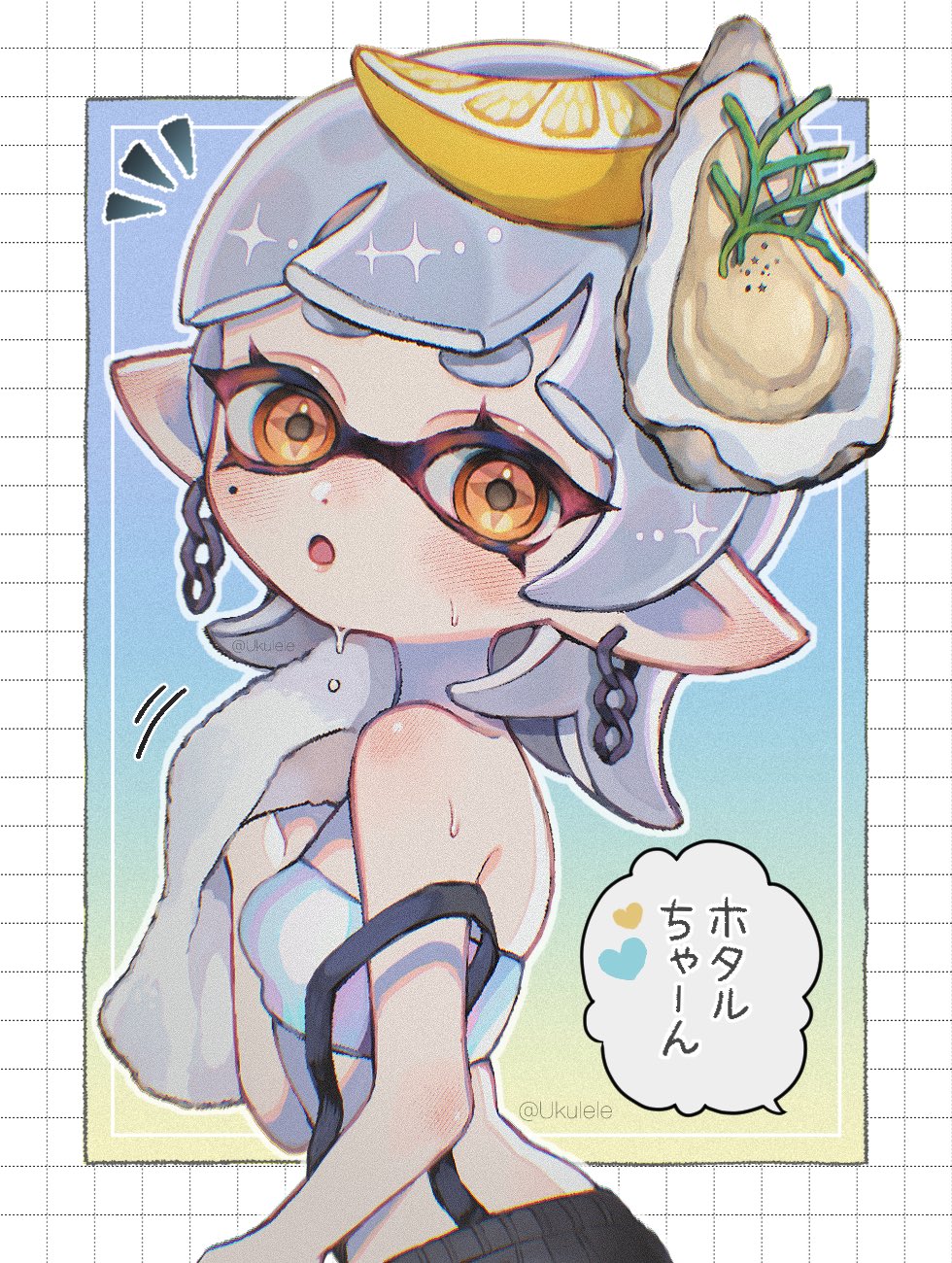 1girl border earrings eyelashes food food_on_head gegesan46 grid_border heart highres holding holding_towel inkling jewelry looking_at_viewer marie_(splatoon) marie_(summer_nights)_(splatoon) medium_hair nintendo notice_lines object_on_head official_alternate_costume open_mouth outside_border pointy_ears short_eyebrows solo splatoon_(series) splatoon_3 standing suspenders sweat tentacle_hair thick_eyebrows towel translation_request white_border