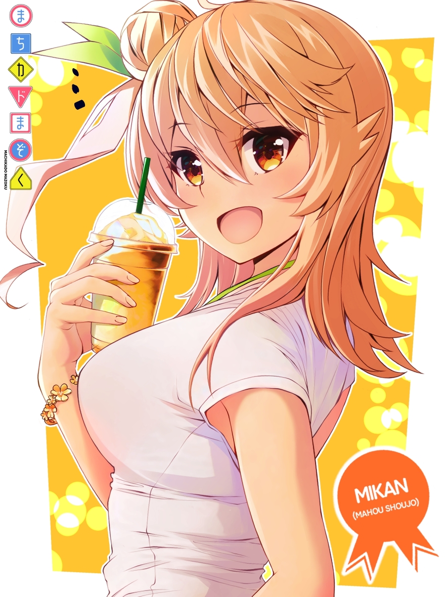 1girl :d breasts character_name chuutaro_metal from_side hair_bun hair_ornament hair_ribbon hinatsuki_mikan large_breasts long_hair machikado_mazoku open_mouth orange_hair ribbon shirt short_sleeves single_hair_bun single_side_bun smile solo upper_body white_shirt