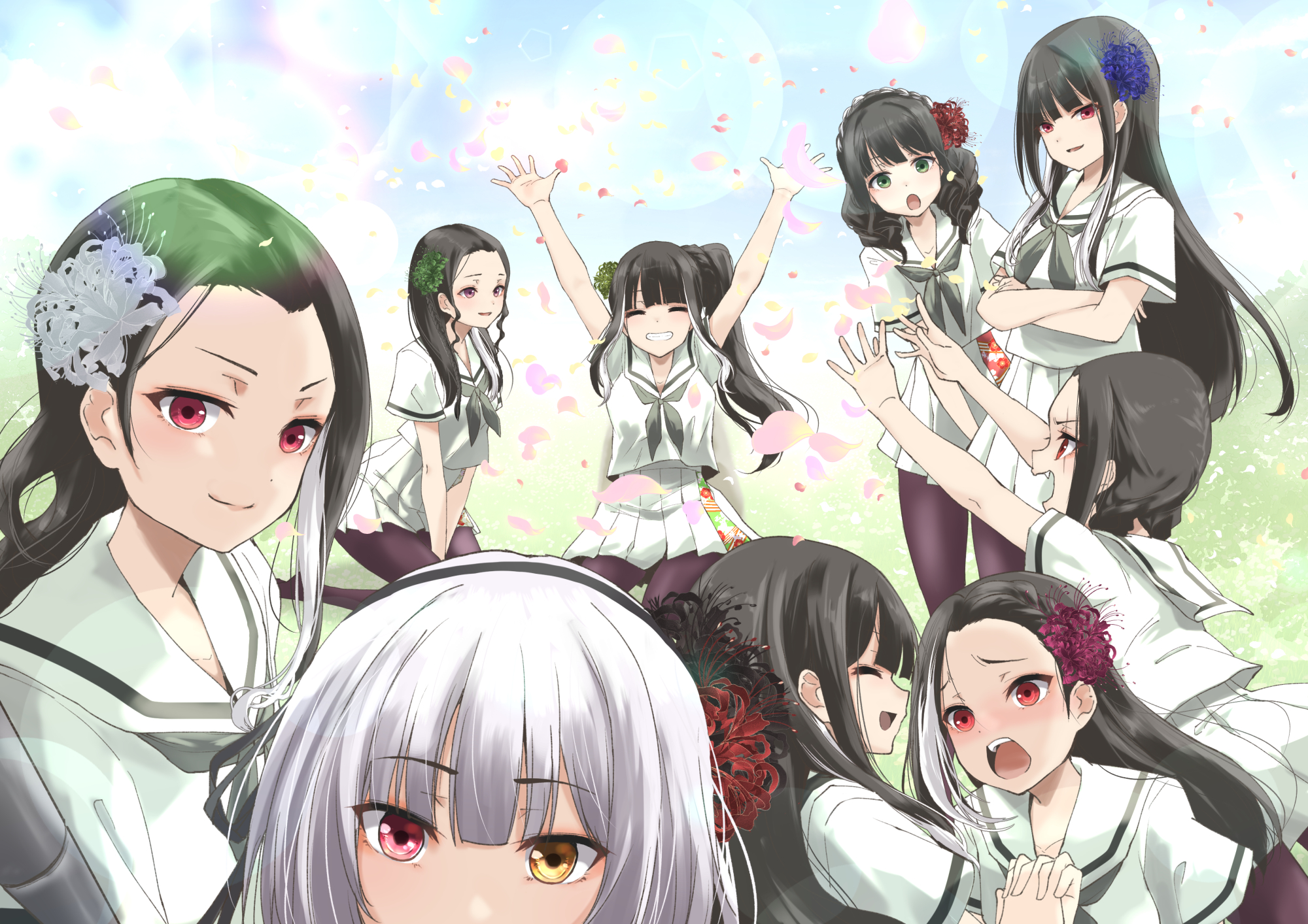 6+girls :d ^_^ arms_under_breasts arms_up assault_lily asymmetrical_bangs between_legs black_flower black_hair black_hairband blue_flower blue_sky blunt_bangs bo_no_hana bow_hairband braid braided_bangs closed_eyes closed_mouth commentary_request crossed_arms crown_braid day facing_another falling_petals fang floral_print flower grass green_eyes green_flower grey_hair grey_neckerchief grin hair_flower hair_ornament hair_ribbon hairband hand_between_legs hei_no_hana heterochromia high_ponytail highres holding_hands interlocked_fingers jin_no_hana ki_no_hana kneeling kou_no_hana long_hair looking_at_another looking_at_viewer low_twintails medium_hair miniskirt multicolored_hair multiple_girls neckerchief no_shoes on_grass on_ground open_mouth otsu_no_hana outdoors outstretched_arms pantyhose parted_bangs parted_lips petals pink_eyes pleated_skirt ponytail ponytail_with_braided_base print_skirt profile purple_eyes purple_flower purple_pantyhose raised_eyebrows red_eyes red_flower ribbon sailor_collar scar scar_across_eye scar_on_face school_uniform serafuku shin_no_hana shirt short_sleeves side_ponytail sidelocks sitting skirt sky smile standing streaked_hair teeth tei_no_hana twintails two-tone_hair upper_teeth_only urutsu_sahari v-shaped_eyebrows v_arms very_long_hair white_flower white_hair white_sailor_collar white_serafuku white_shirt white_skirt yamaguchi_chihiro_(assault_lily) yellow_eyes
