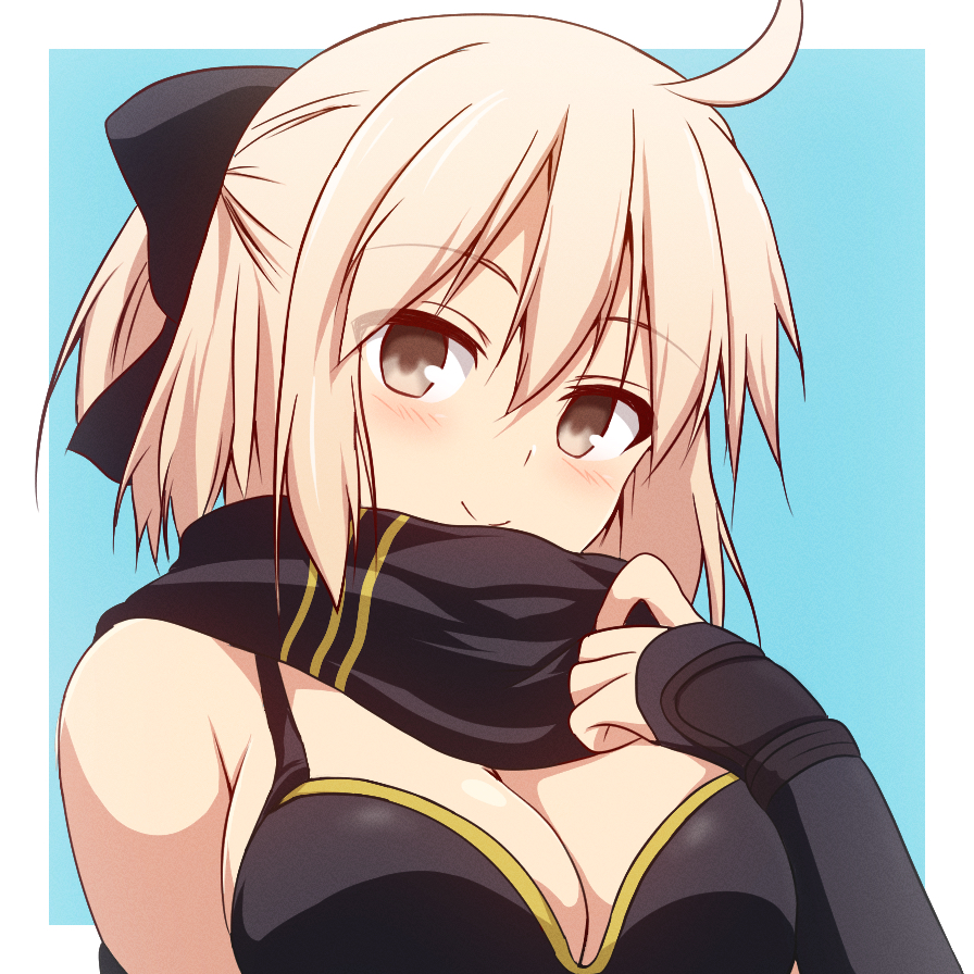 1girl ahoge armpit_crease bikini black_bikini black_bow black_scarf black_sleeves blonde_hair blue_background border bow breasts brown_eyes commentary curakuru detached_sleeves duplicate fate/grand_order fate_(series) hair_between_eyes hair_bow large_breasts medium_hair okita_j._souji_(fate) okita_j._souji_(first_ascension)_(fate) okita_souji_(fate) outside_border ponytail scarf simple_background solo swimsuit upper_body white_border