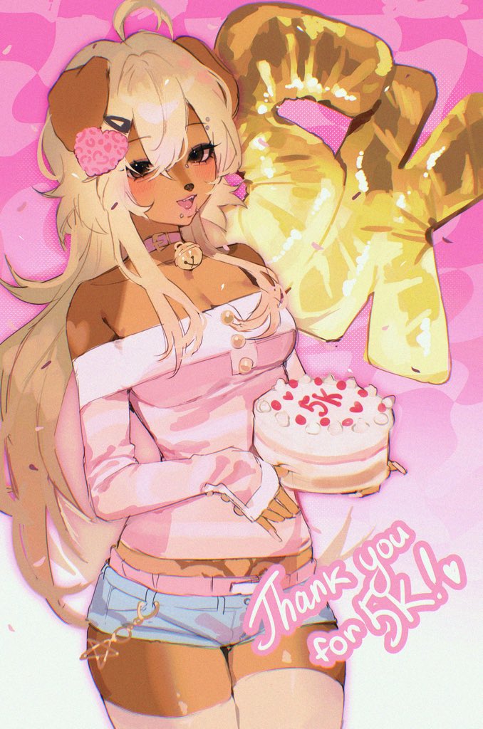 1girl abstract_background ahoge animal_ears animal_print arm_markings bell belt_collar blonde_hair blurry breasts bridge_piercing brown_eyes buttoned_cuffs buttons cake chain checkered_background cleavage collar colored_skin commentary confetti cowboy_shot denim denim_shorts depth_of_field dog_ears dog_girl double-parted_bangs english_commentary english_text eyebrow_piercing eyelashes face_piercing fingernails floppy_ears food furry furry_female gold_buttons gold_chain gradient_background hair_between_eyes hair_ornament hairpin happy heart heart_hair_ornament holding holding_cake holding_food jingle_bell leopard_print light_blush long_fingernails long_hair looking_at_viewer male_underwear male_underwear_peek medium_breasts midriff_peek milestone_celebration misa_(noisykoala) mouth_piercing multicolored_skin neck_bell noisykoala number_balloon off-shoulder_shirt off_shoulder open_mouth original outer_glow outline piercing pink_background pink_collar pink_male_underwear pink_nails pink_outline pink_shirt pink_theme pubic_tattoo raccoon_tails_(hairstyle) see-through_clothes see-through_thighhighs shirt short_shorts shorts sketch sleeves_past_wrists tan tattoo thank_you thick_lips thighhighs tongue two-tone_skin underwear wallet_chain white_thighhighs