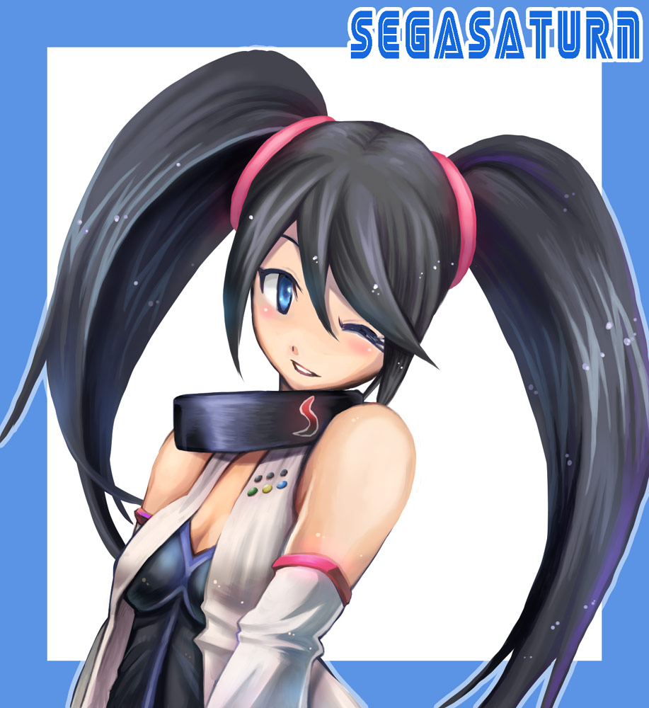 1girl ;) bare_shoulders black_collar black_dress black_hair blue_eyes blush breasts character_name cleavage collar detached_sleeves dress eyebrows eyelashes facing_away female_focus grin hair_between_eyes hair_tie long_hair long_sleeves one_eye_closed saturn-freak sega_hard_girls sega_saturn_(sega_hard_girls) small_breasts smile solo teeth twintails upper_body v-neck