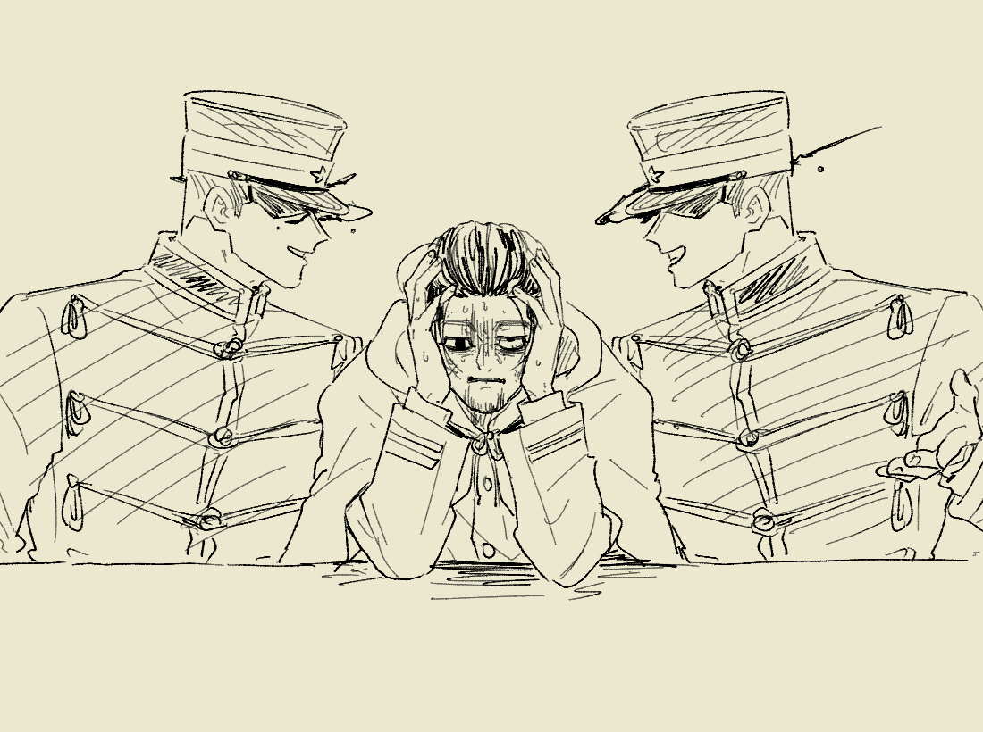 3boys brothers clone facial_scar golden_kamuy greyscale hair_slicked_back half-siblings hanazawa_yusaku hands_on_own_hips long_sleeves male_focus military_uniform mole mole_under_eye monochrome multiple_boys nervous_sweating ogata_hyakunosuke parody profile sandwiched scar scar_on_cheek scar_on_face short_hair shumari_rf siblings simple_background sketch sweat the_weaker_sex_1_(gibson) turn_pale upper_body
