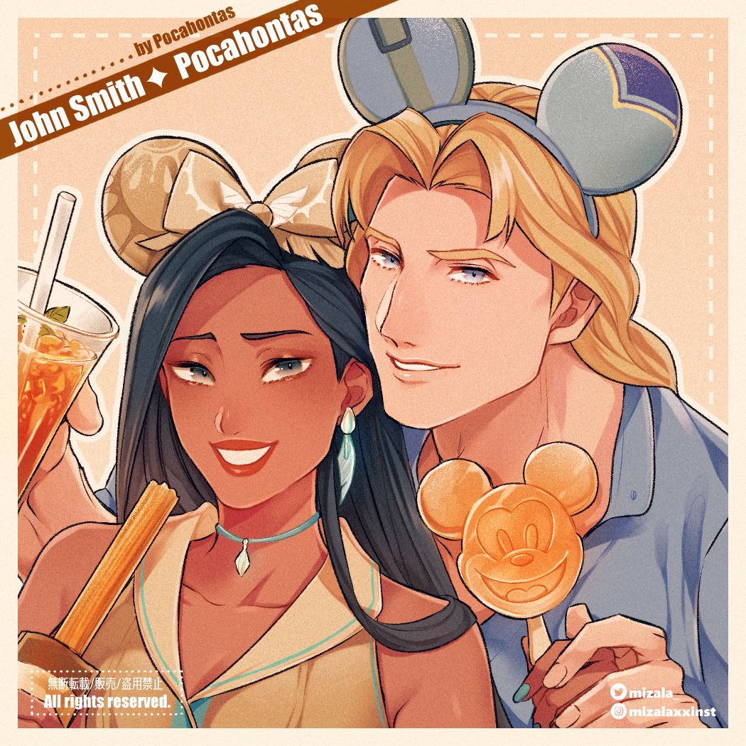 1boy 1girl animification black_hair blonde_hair blue_nails blue_shirt bow brown_bow character_name choker churro copyright_name cup dark-skinned_female dark_skin disney disposable_cup drinking_straw earrings feather_earrings feathers food hair_bow hetero holding holding_cup holding_food holding_hands holding_popsicle instagram_username jewelry lipstick long_hair makeup mickey_mouse mickey_mouse_ears mizala pocahontas_(disney) pocahontas_(movie) popsicle shirt simple_background twitter_username upper_body watermark