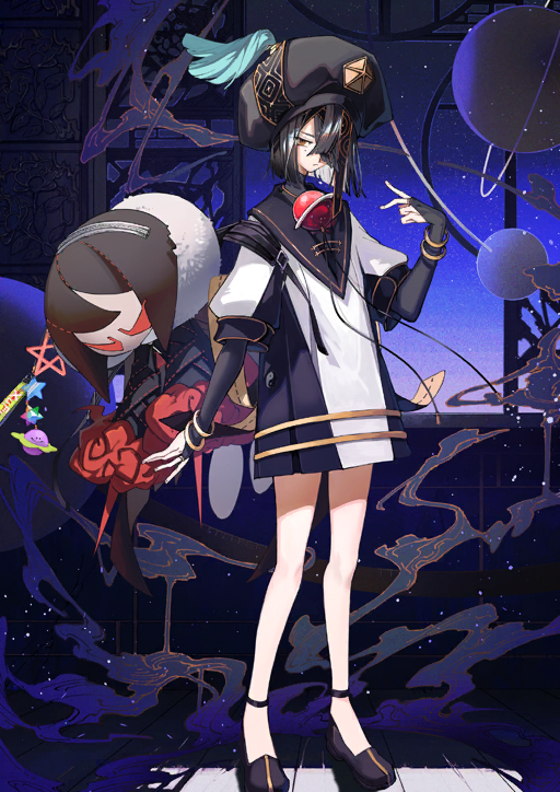 1girl arm_at_side bangle black_bridal_gauntlets black_hair black_hat black_shoes blunt_ends bracelet bridal_gauntlets brown_eyes character_doll chinese_clothes closed_mouth clothing_request colored_inner_hair doll endo_(takolegs) expressionless fate/grand_order fate_(series) full_body game_cg hair_over_one_eye hand_up hat head_tilt jewelry lady_yu_doll looking_at_viewer mole mole_under_eye multicolored_hair multiple_bracelets official_art one_eye_covered pentagram planet purple_background saint_quartz_(fate) shoes short_hair short_sleeves smoke solo space_xu_fu_(fate) standing third-party_source turtleneck v variant_set white_hair xu_fu_(fate)