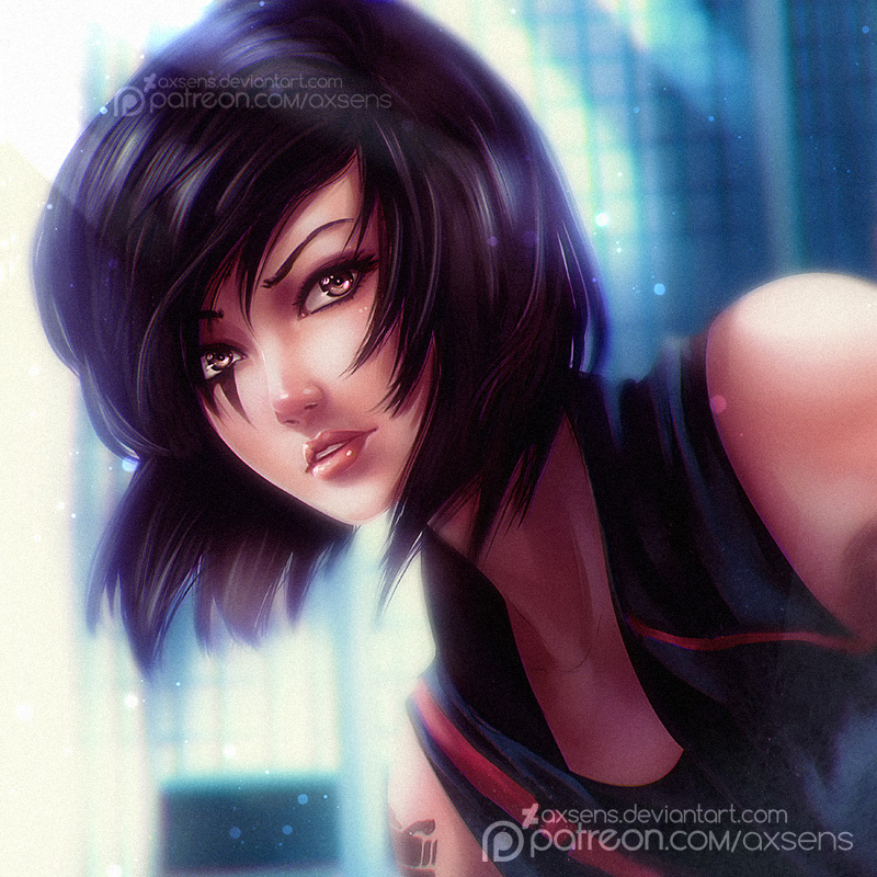 1girl axsen black_hair brown_eyes facial_mark faith_connors female_focus light_particles mirror&#039;s_edge mirror&#039;s_edge_(series) solo tattoo vest watermark web_address