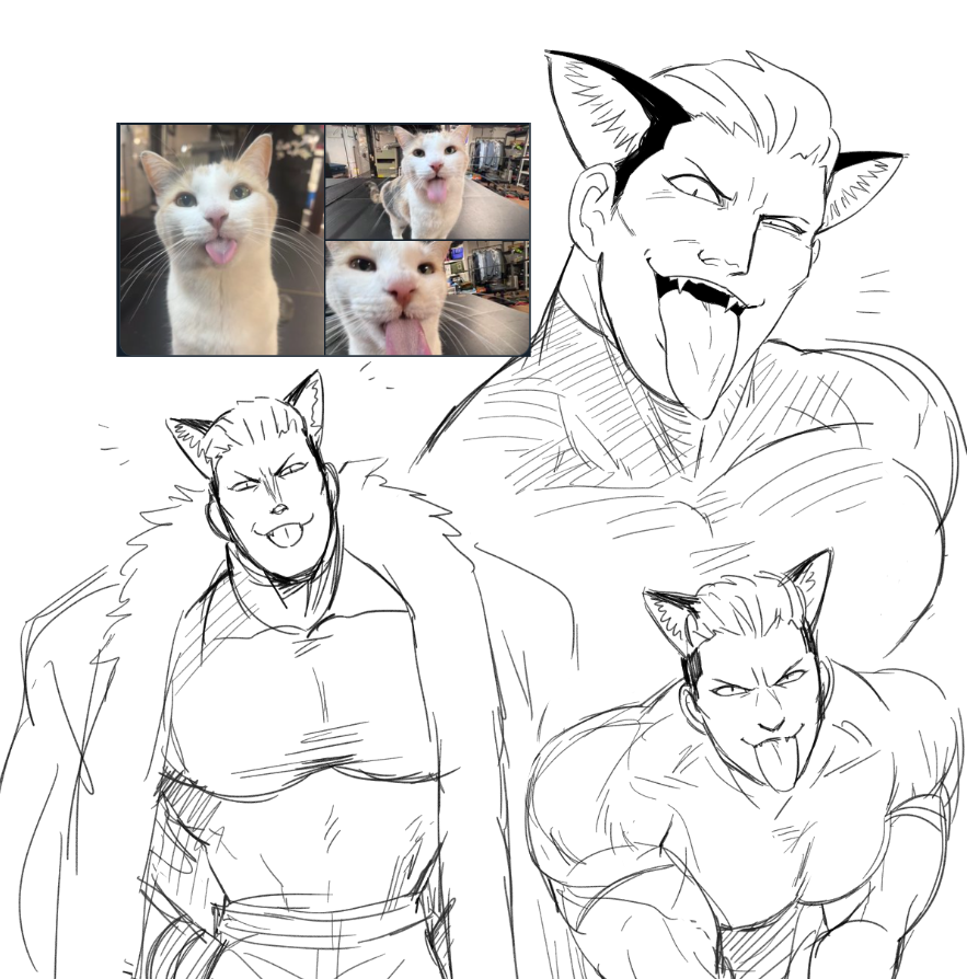 1boy animal_ears bara breasts cat_ears cat_png evil_grin evil_smile grin large_breasts large_pectorals meme muscular muscular_male naughty_face nyaattoberritto pectorals sketch smile the_king_of_fighters tongue tongue_out white_background yamazaki_ryuuji