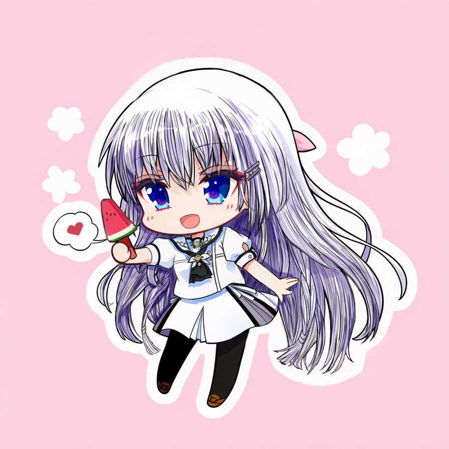 1girl :d ascot black_ascot black_pantyhose blue_eyes chibi chibi_only commentary english_commentary food full_body gensou_roukaku hair_between_eyes hair_ornament hairclip hand_up happy heart holding holding_food holding_popsicle light_blush long_hair looking_at_object miniskirt naruse_shiroha open_mouth outline pantyhose parallel_hairclips pink_background popsicle puffy_short_sleeves puffy_sleeves school_uniform serafuku shirt short_sleeves simple_background skirt smile solo speech_bubble spoken_heart standing summer_pockets summer_pockets_school_uniform very_long_hair watermelon_bar white_hair white_outline white_serafuku white_shirt white_skirt
