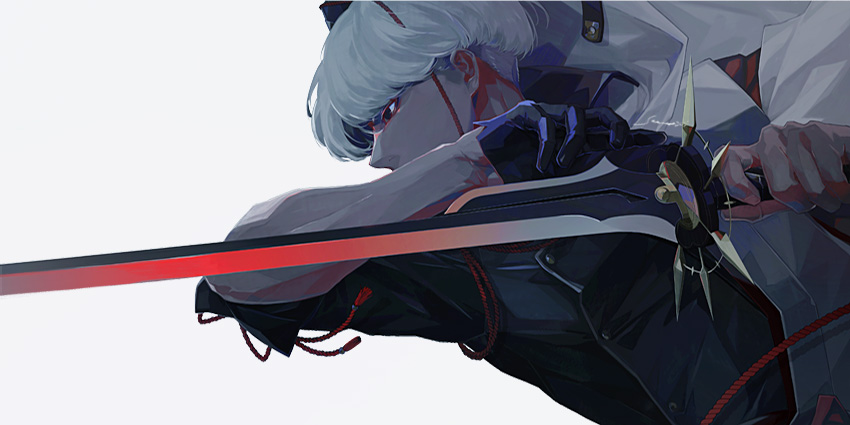 1boy black_gloves black_jacket commentary_request covered_mouth fate/grand_order fate_(series) fighting_stance gloves heian-kyou_(fate/grand_order) holding holding_sword holding_weapon jacket looking_ahead sei_8220 short_hair single_glove solo sword watanabe_no_tsuna_(fate) weapon white_hair