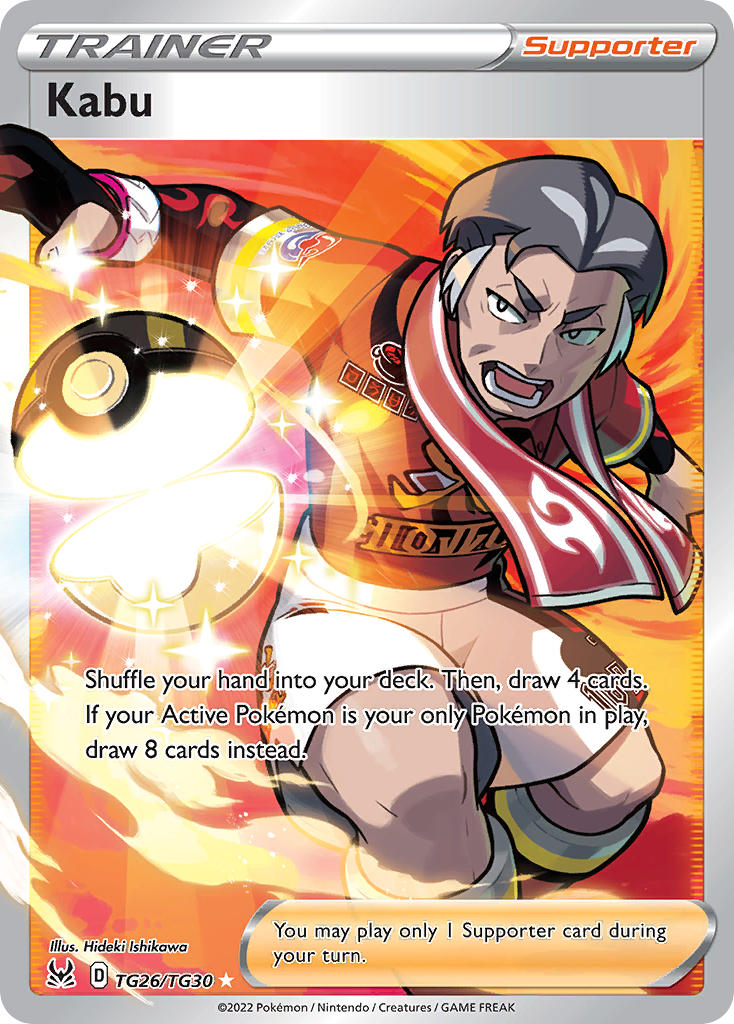 1boy artist_name black_gloves card_(medium) character_name company_name copyright_name copyright_notice dynamax_band english_text fire gloves grey_hair ishikawa_hideki kabu_(pokemon) male_focus mature_male nintendo official_art open_mouth open_poke_ball partially_fingerless_gloves poke_ball pokemon pokemon_card pokemon_swsh pokemon_tcg red_shirt shirt short_hair single_glove solo sparkle teeth third-party_source throwing throwing_poke_ball towel towel_around_neck trading_card ultra_ball v-shaped_eyebrows
