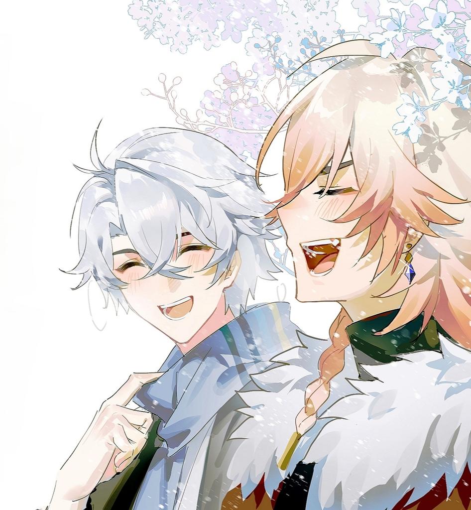 2boys blue_hair blush braid closed_eyes fur_collar honkai:_star_rail honkai_(series) jewelry male_focus multiple_boys mydei_(honkai:_star_rail) phainon_(honkai:_star_rail) scarf shirt short_hair side_braid simple_background smile smiley_face suirandanshihao talking turtleneck