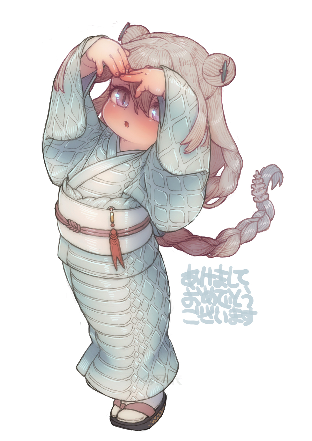 1girl :o black_sandals blue_kimono braid child commentary_request double_bun feral_lemma full_body grey_hair hair_between_eyes hair_bun hands_up highres japanese_clothes kimono long_hair long_sleeves looking_at_viewer obi obijime okobo open_mouth original platform_sandals print_kimono purple_eyes sandals sash sidelocks simple_background single_braid slit_pupils snake_print solo standing standing_on_one_leg tabi white_background wide_sleeves