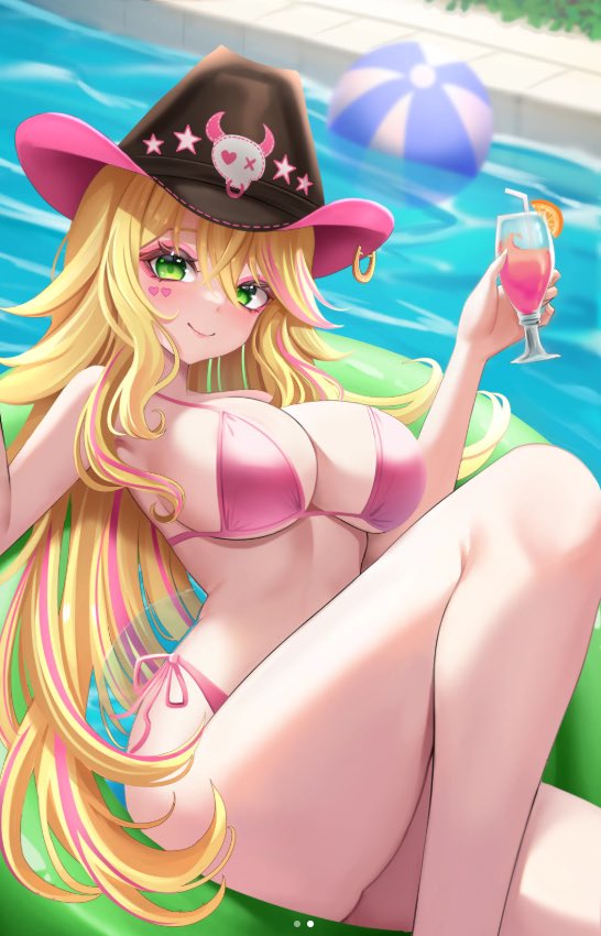 1girl ball beachball bikini biyo_yoo black_hat blonde_hair breasts closed_mouth cowboy_hat cup drink facial_mark food fruit green_eyes hat heart heart_facial_mark holding holding_cup large_breasts long_hair lulu_lasso multicolored_hair nexas_(vtuber) orange_(fruit) orange_slice pink_bikini pink_hair pool second-party_source side-tie_bikini_bottom smile solo streaked_hair swim_ring swimsuit virtual_youtuber water ych_commission