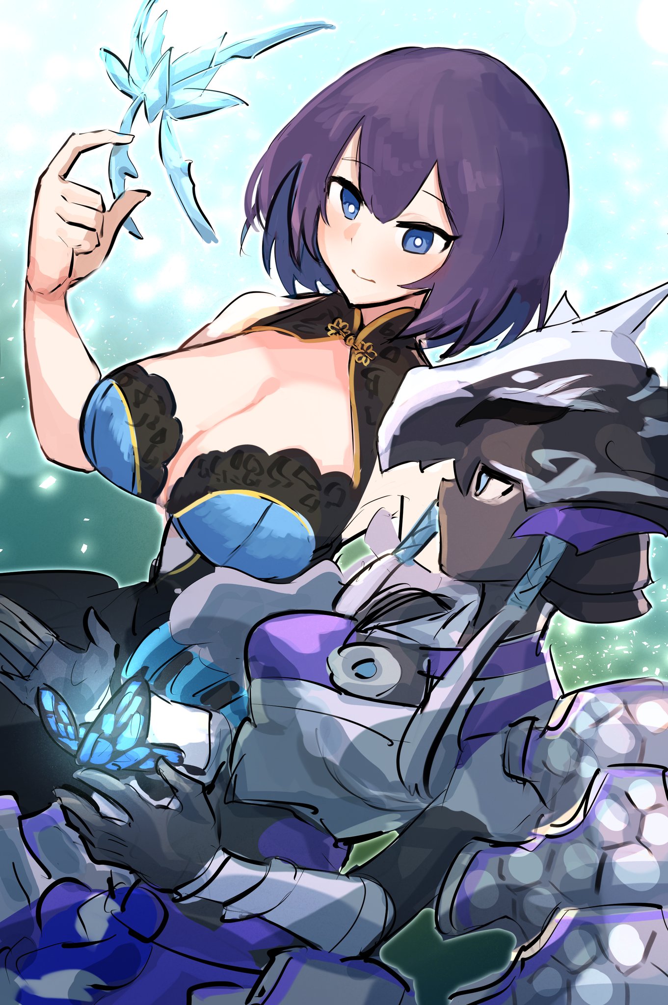 2girls black_bodysuit black_hair blue_eyes blue_hair bodysuit breasts bug butterfly butterfly_on_hand cleavage commission female_focus glowing glowing_butterfly hatano_kiyoshi helmet highres holding holding_butterfly insect large_breasts long_hair looking_at_another mask mouth_mask multiple_girls short_hair skeb skeb_commission swordsoul_(yu-gi-oh!) swordsoul_of_mo_ye white_hair yu-gi-oh!