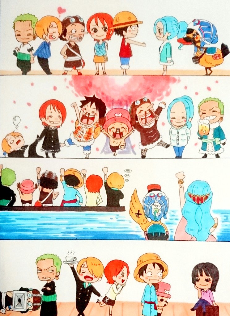 3girls 5boys ^_^ arm_up back bandana_around_arm bird black_hair blonde_hair blue_hair blue_shirt blunt_bangs closed_eyes coat collared_shirt commentary_request cross crossed_arms crossed_legs cup curly_eyebrows duck earrings green_hair hand_on_own_hip haramaki hat heart holding holding_cup holding_plate jewelry karoo_(one_piece) long_coat long_nose medium_hair money-shaped_pupils monkey_d._luffy multiple_boys multiple_girls nami_(one_piece) nami_(one_piece)_(alabasta) nami_(one_piece)_(drum_island) nami_(one_piece)_(reverse_mountain) nefertari_vivi nico_robin nico_robin_(alabasta) ocean one_piece orange_hair overalls plate ponytail profile pupil308 red_shirt roronoa_zoro sanji_(one_piece) sash scar scar_on_face shirt short_hair sidelocks skirt smile straw_hat symbol-shaped_pupils tony_tony_chopper tunic usopp v-shaped_eyebrows waving white_sash