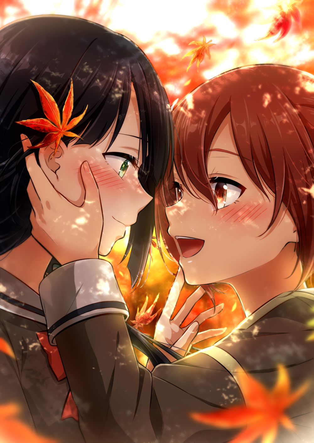 2girls :d autumn autumn_leaves black_hair blurry blurry_background blurry_foreground blush brown_eyes brown_hair brown_shirt closed_mouth eda_udon eye_contact from_side green_eyes hand_on_another&#039;s_cheek hand_on_another&#039;s_face highres leaf long_sleeves looking_at_another maple_leaf multiple_girls open_mouth shirt smile tougou_mimori upper_body yuuki_yuuna yuuki_yuuna_wa_yuusha_de_aru yuusha_de_aru