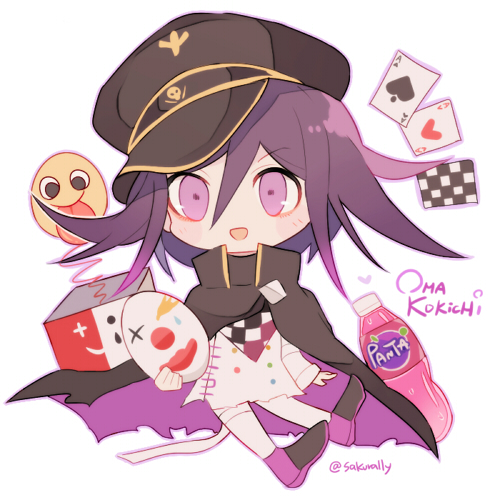 1boy black_cape black_hat blush buttons cape card checkered_clothes checkered_scarf chibi chibi_only clown_mask commentary_request danganronpa_(series) danganronpa_v3:_killing_harmony emoticon fanta flipped_hair full_body hair_between_eyes hat holding holding_mask long_sleeves looking_at_viewer lowres male_focus mask medium_hair multicolored_buttons oma_kokichi peaked_cap playing_card purple_eyes purple_hair sakura_(fein5862817) scarf short_hair smile solo straitjacket twitter_username two-tone_scarf white_background