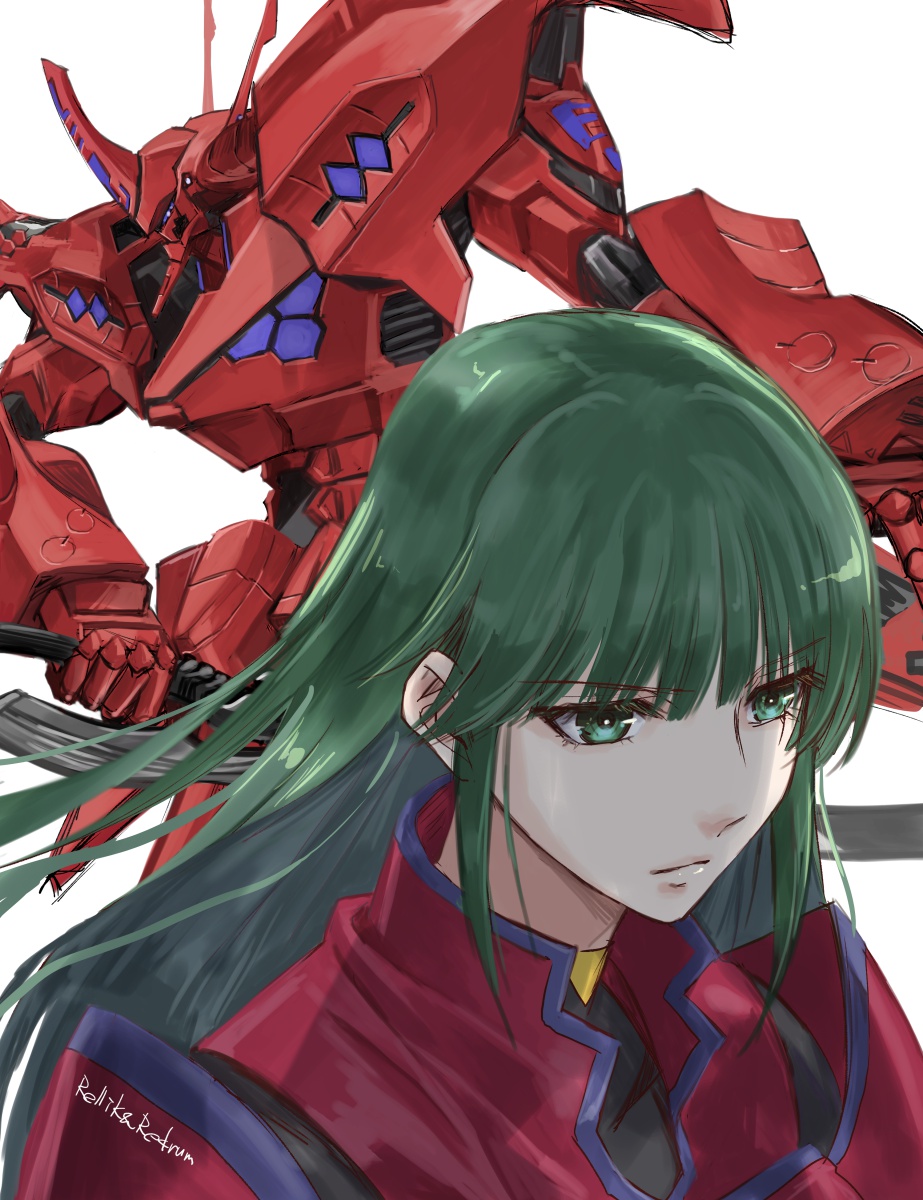 1girl expressionless from_above green_eyes green_hair hair_behind_ear highres jacket juliet_sleeves jun_(rellik_&amp;_redrum) long_sleeves looking_ahead looking_at_viewer mecha military military_uniform muv-luv muv-luv_alternative muv-luv_alternative_(anime) open_hand portrait puffy_sleeves purple_eyes red_jacket robot science_fiction tactical_surface_fighter tsukuyomi_mana type_00_takemikazuchi white_background