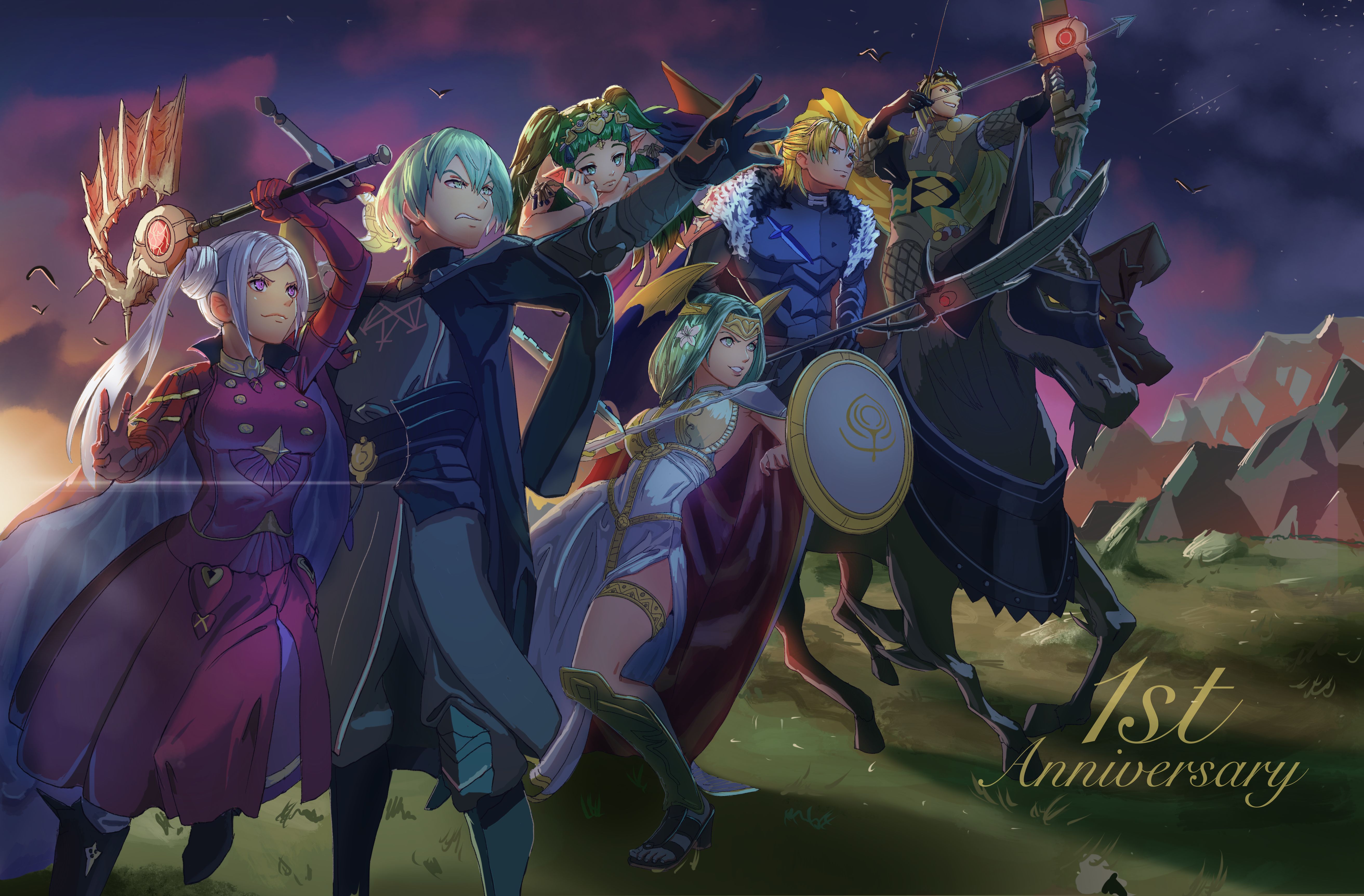 3boys 3girls absurdres alternate_hairstyle anniversary areadbhar_(weapon) arm_up armor axe aymr_(fire_emblem) black_gloves blonde_hair blue_eyes bow braid brown_gloves brown_hair male_byleth_(fire_emblem) cape capnchreest claude_von_riegan dagger dark-skinned_male dark_skin dress edelgard_von_hresvelg failnaught_(weapon) fire_emblem fire_emblem:_three_houses floating flower fur_trim gloves green_eyes green_hair hair_flower hair_ornament hand_up headband heroes_relic_(fire_emblem) highres holding holding_axe holding_bow_(ornament) holding_lance holding_polearm holding_shield holding_sword holding_weapon horse horseback_archery horseback_riding jewelry knife lance long_hair multiple_boys multiple_girls nintendo pointy_ears polearm purple_eyes red_cape red_gloves rhea_(fire_emblem) riding sandals seiros_(fire_emblem) seiros_shield sheath sheathed shield side_ponytail sothis_(fire_emblem) sword sword_of_seiros sword_of_the_creator thighlet tiara weapon white_dress white_hair yellow_cape