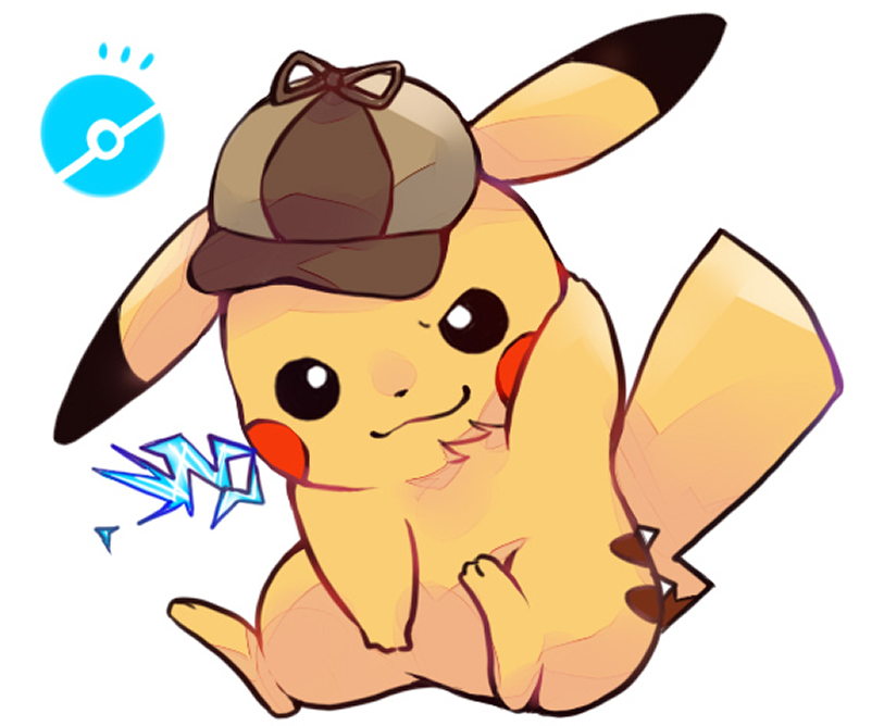black_eyes brown_hat closed_mouth clothed_pokemon commentary_request detective_pikachu_(character) detective_pikachu_(game) detective_pikachu_(series) full_body gen_1_pokemon hat looking_at_viewer nintendo no_humans pikachu poke_ball_symbol pokemon pokemon_(creature) sitting smile solo una_(y070604) white_background yellow_fur