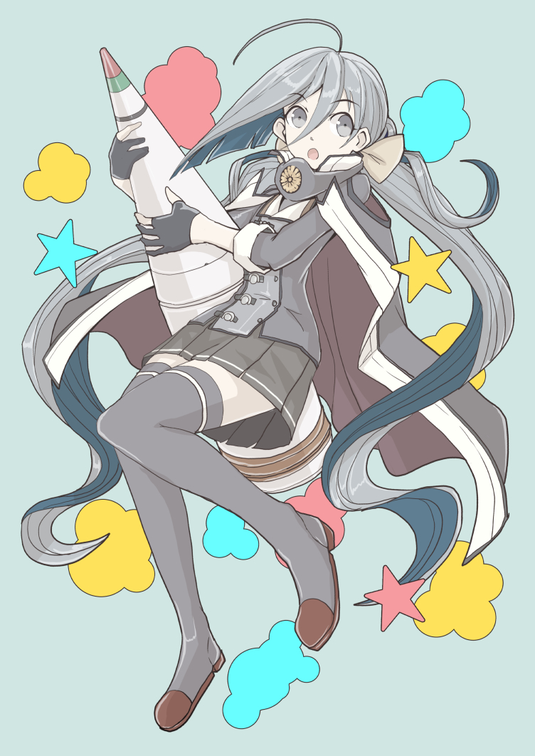 1girl ahoge ammunition blue_hair boots boushi-ya buttons cosplay double-breasted gloves grey_eyes grey_hair holding kantai_collection kikumon kiyoshimo_(kancolle) long_hair multicolored_hair musashi_(kancolle) musashi_(kancolle)_(cosplay) musashi_kai_ni_(kancolle) open_mouth partially_fingerless_gloves ribbon skirt thigh_boots thighhighs twintails type_1_ap_shell very_long_hair zettai_ryouiki