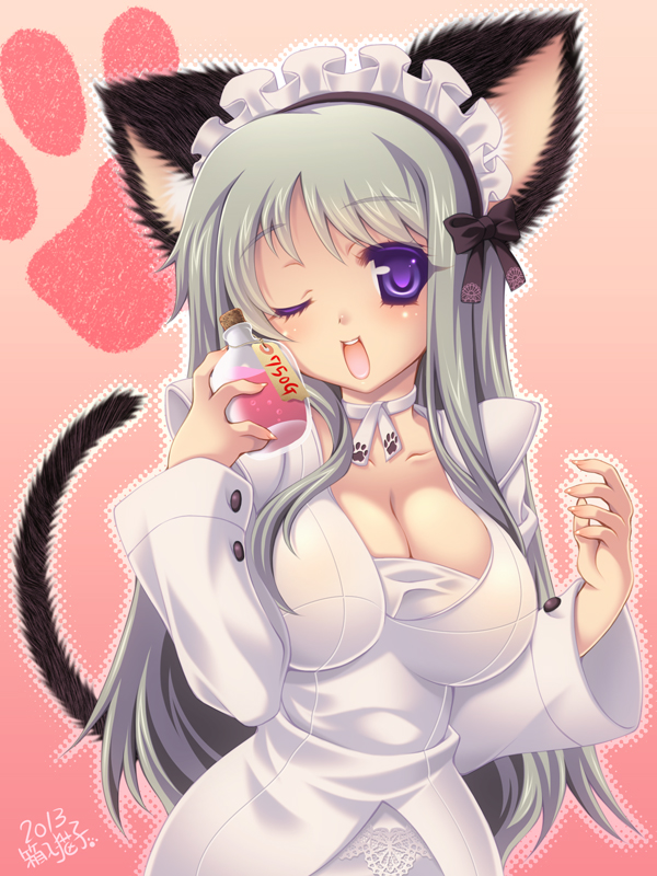 1girl 2013 ;d animal_ear_fluff animal_ears artist_name black_bow black_tail bow breasts cat_ears cat_girl cat_tail choker cleavage collarbone eyes_visible_through_hair gradient_background grey_hair hakoiri_nyanko hands_up holding large_breasts long_hair long_sleeves mabinogi maid_headdress one_eye_closed open_mouth paw_print player_character_(mabinogi) potion price_tag purple_eyes smile solo tail tail_raised teeth upper_teeth_only white_choker