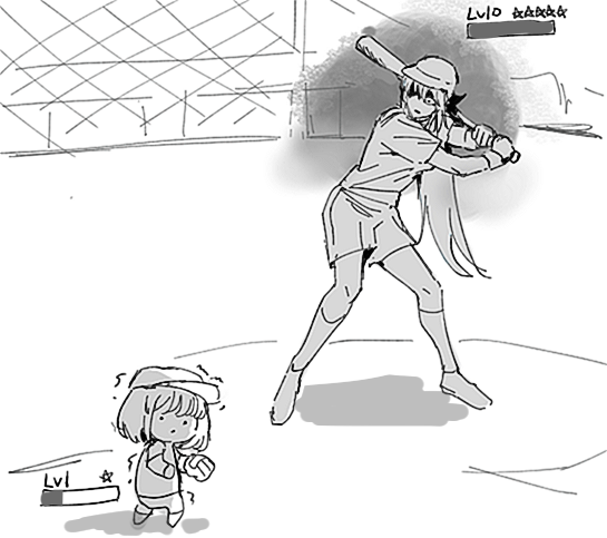 1boy 1girl baseball_bat fate/grail_league fate/grand_order fate_(series) hat morgan_le_fay_(fate) oberon_(fate) ponytail short_hair sketch ss_un17